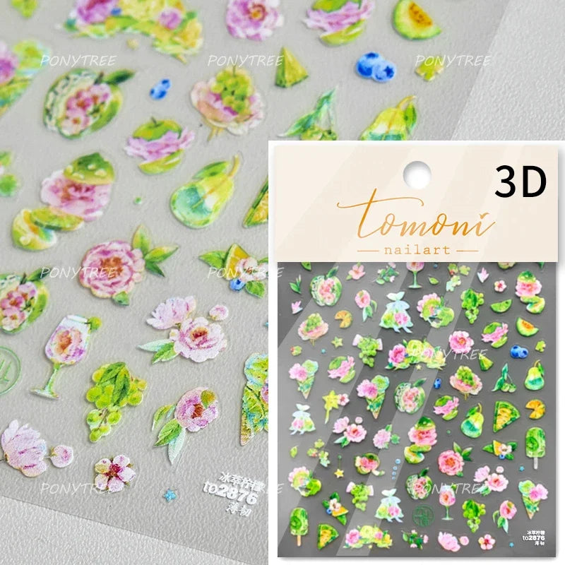 Rose Flower Bouquet Leaves Lace Bowknot Pearl Photo Frame Gird Embossed Reliefs Self Adhesive Nail Art Stickers Manicure Decals (ONLINE ORDER ONLY)