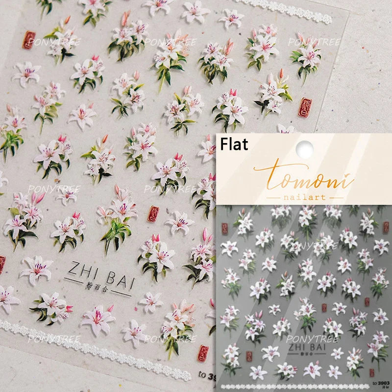 Spotless Lily Lilium Flowers Moon Pearl Crown Lily-white Pearl Necklace Pendant Self Adhesive Nail Art Stickers Manicure Decals (Online Order Only)