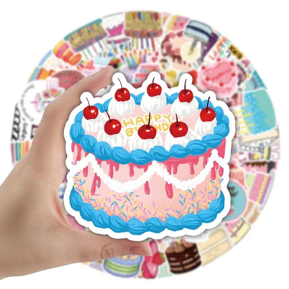 Birthday Party Cake Stickers 10/30/50/100PCS Cartoon Decals for Laptop, Luggage, Snowboard (Online Order Only)