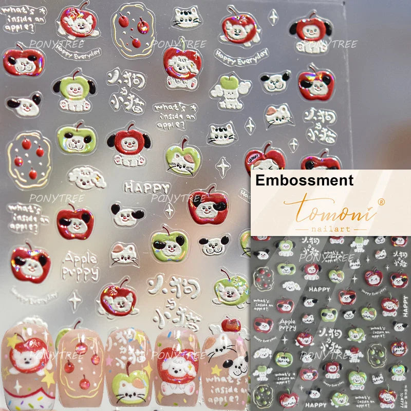 Cute Apple Fruit Dog Puppy Cat Kitten Adhesive Nail Art Sticker Charming Delicate Rhinestone Shiny Manicure Decals Nail Supplies (ONLINE ORDER ONLY)
