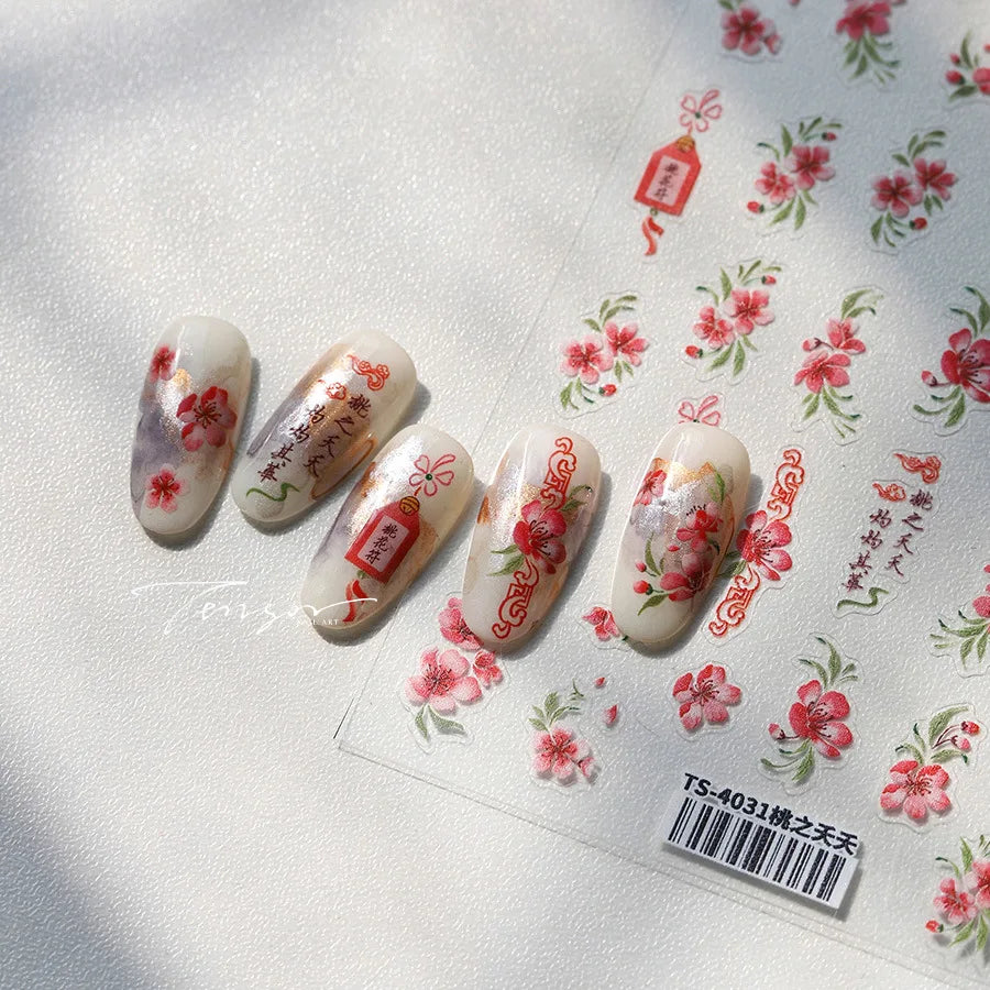 Graceful Peach Blossom Blessing Sachet Pretty Buckle Tassels Pendant Antique Radiant Adhesive Nail Art Stickers Manicure Decals (ONLINE ORDER ONLY)