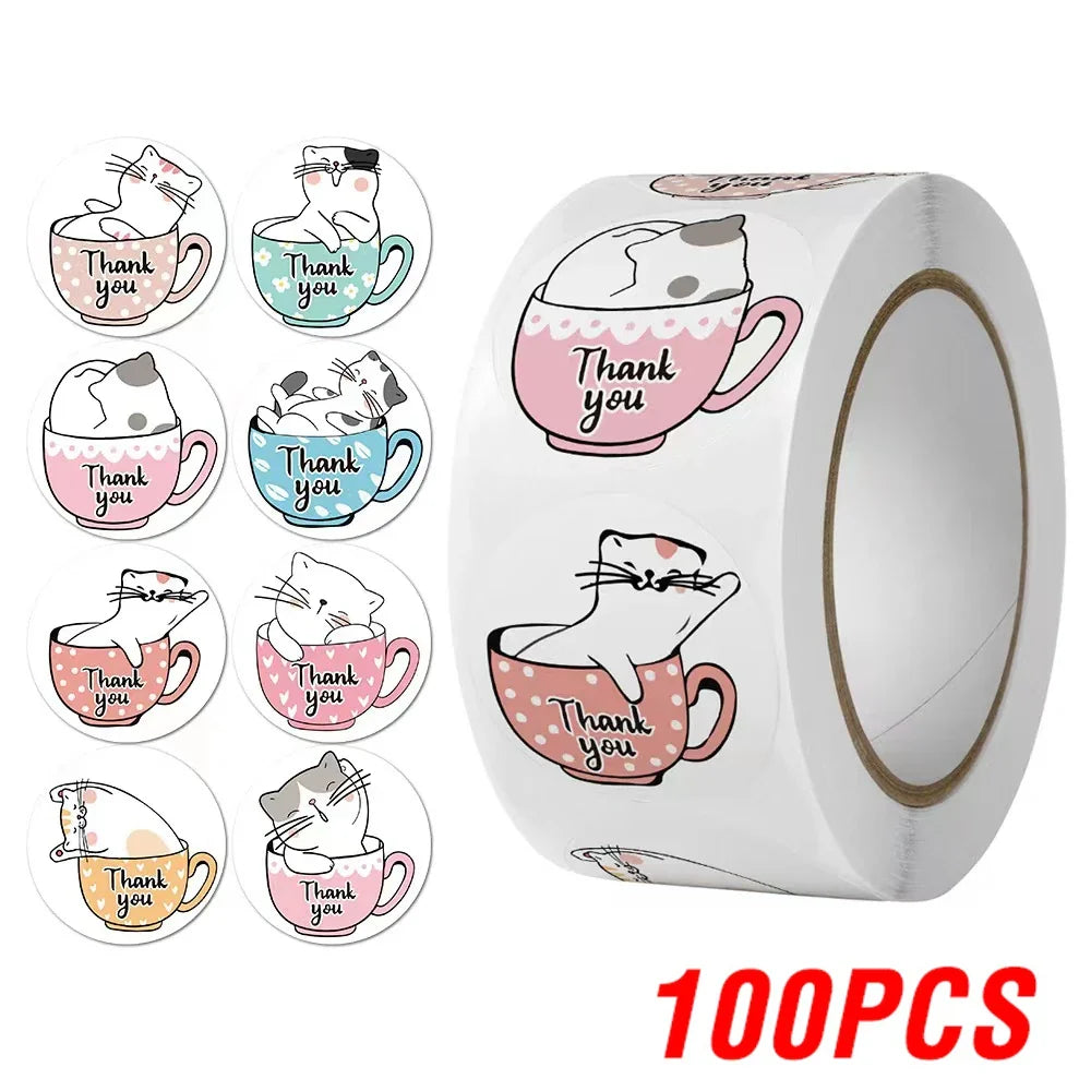 100-500pcs Cute Cat Stickers Animal Cartoon Label Gifts Decoration School Reward Encourage Student Stationery Thank You Stickers (ONLINE ORDER ONLY)