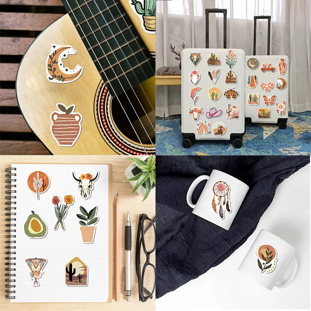 50pcs Retro Boho Stickers For Laptop Luggage Stationery Scrapbook Travel Diary Sticker Vinyl Waterproof Graffiti Decals (ONLINE ORDER ONLY)