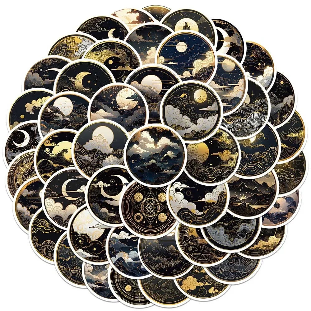 10/50Pcs Cool Dark Golden Sun Moon Graffiti Stickers Aesthetic Cartoon Art Decals Car Laptop Luggage Phone Waterproof Sticker (ONLINE ORDER ONLY)