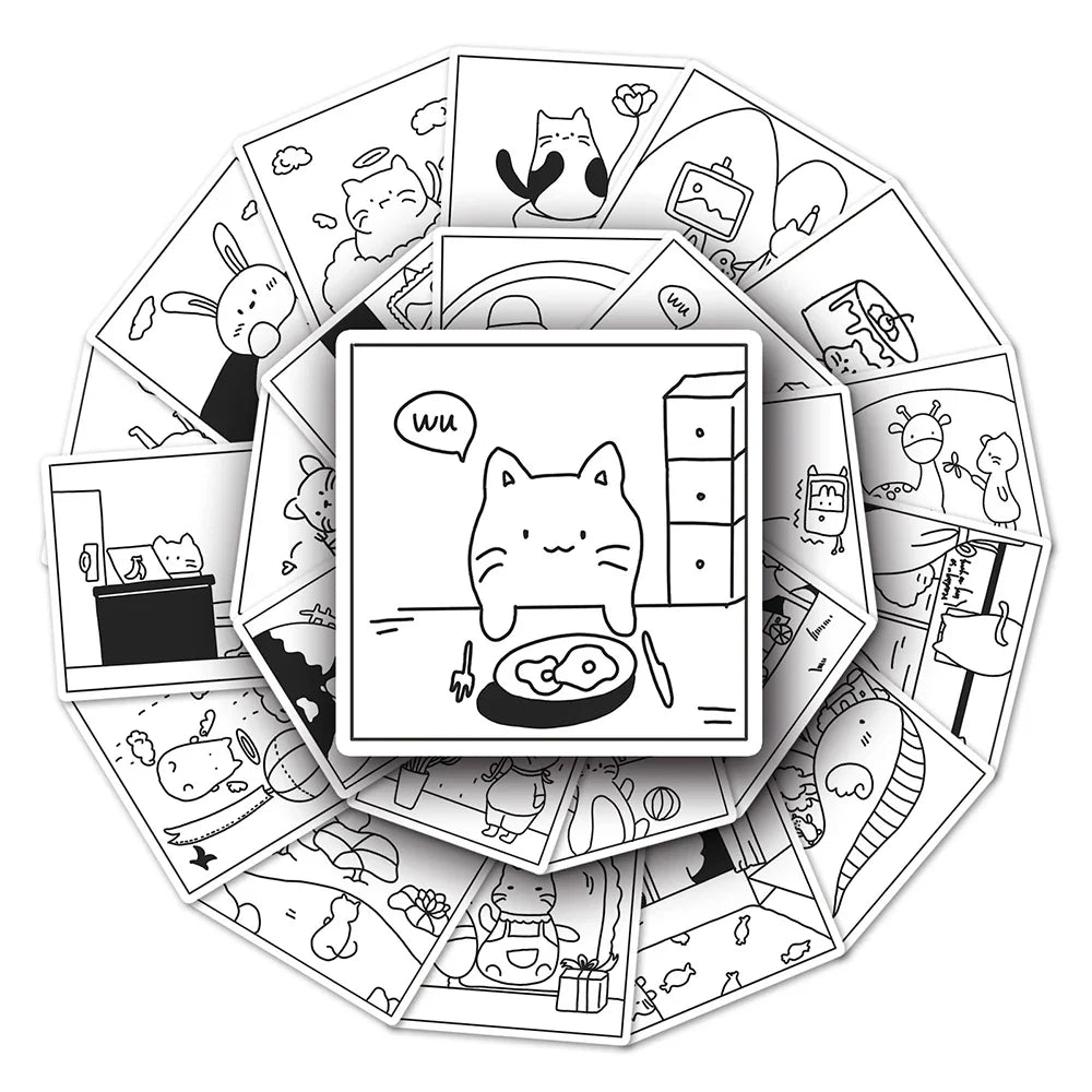 10/30/50PCS Simple Animals Cat Stickers Black White Cartoon Decals DIY Laptop Scrapbook Phone Suitcase Cute Kids Sticker Toys (ONLINE ORDER ONLY)