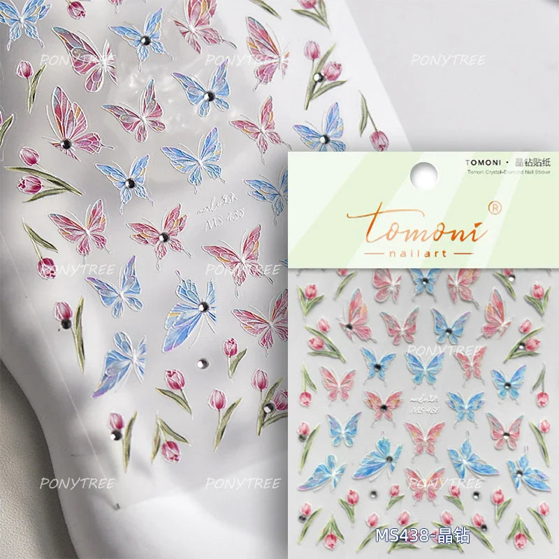 Chic Butterfly Flower Lily Lilium Narcissus Line Beautiful Blue Pearl Self Adhesive Nail Art Stickers Decorations Manicure Decal (Online Order Only)