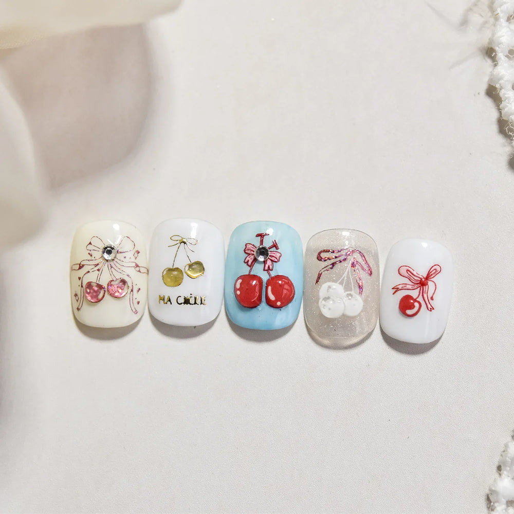 Colourful Cherry Abundant Fruits Bowknot Shiny White Line Outline Self Adhesive Nail Art Stickers Chic Rhinestone Manicure Decal (ONLINE ORDER ONLY)