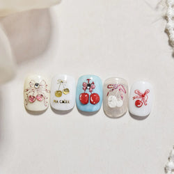 Colourful Cherry Abundant Fruits Bowknot Shiny White Line Outline Self Adhesive Nail Art Stickers Chic Rhinestone Manicure Decal (ONLINE ORDER ONLY)