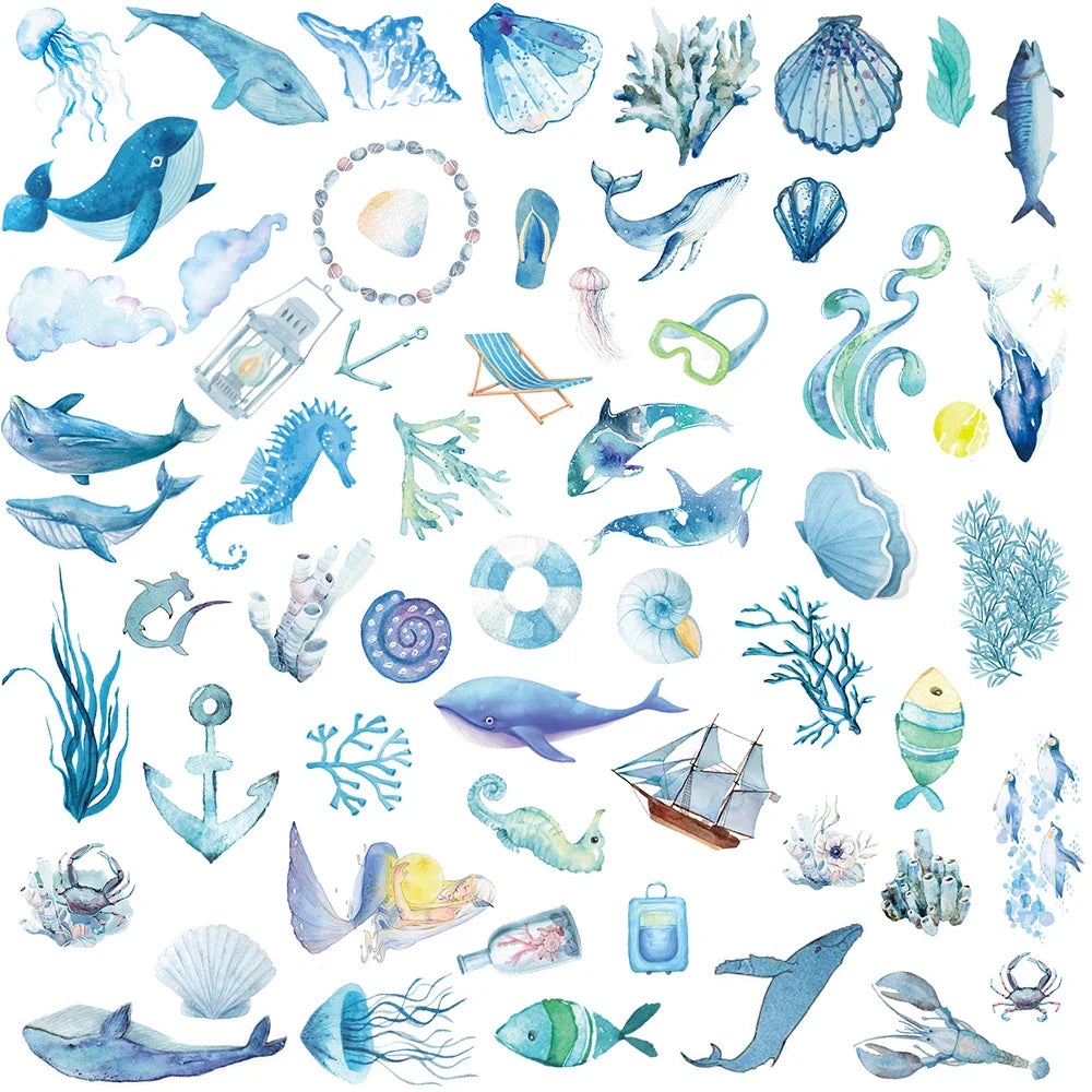 10/30/50PCS Blue Ocean Art Graffiti Stickers Painting Undersea World Cartoon Decals DIY Notebook Laptop Phone Car Waterproof Toy (Online Order Only)