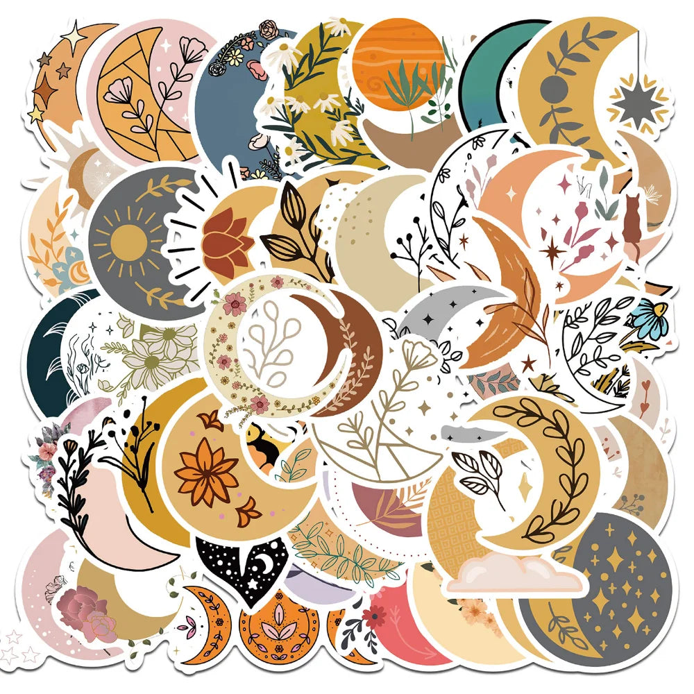Boho Moon Flower Stickers 10/25/50pcs for Luggage, Water Bottle, Guitar, Laptop, Phone, Scrapbook (ONLINE ORDER ONLY)