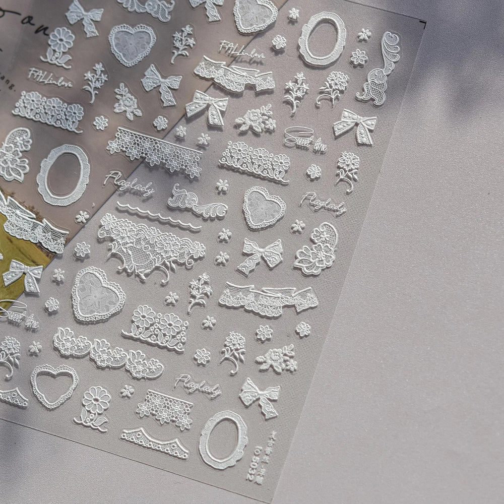 Gird Lace Bowknot Love Heart Flower Fabric Printing Frame Bow Tie Rococo Pattern Daisy Tender Nail Art Stickers Manicure Decals (ONLINE ORDER ONLY)