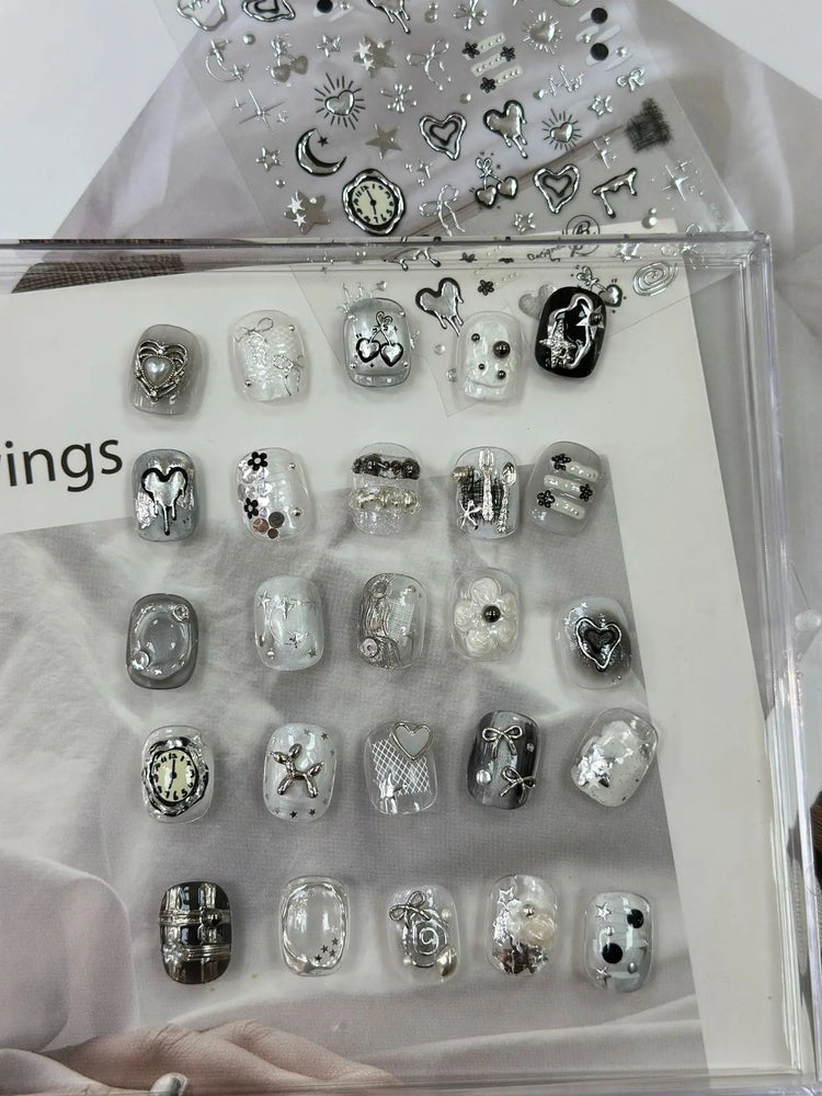 Silver Star Moon Clock Watch Cherry Love Heart Bowknot Gird Irregular Lines Dot Liquid Lava Nail Art Stickers Manicure Decals (ONLINE ORDER ONLY)