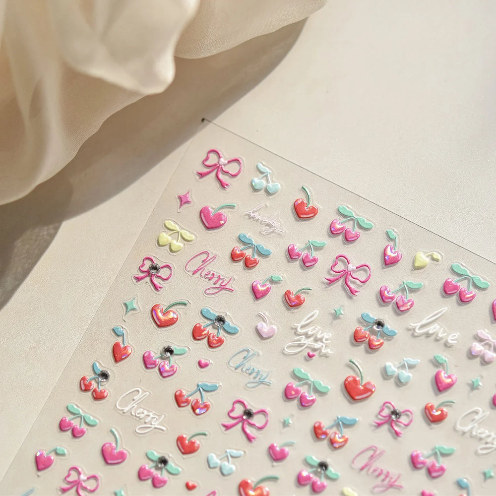 Lovely Pink Red Cherry Fruit Love Heart Star Lucky Letter Bowknot Romantic Adhesive Nail Art Stickers Rhinestone Manicure Decals (Online Order Only)