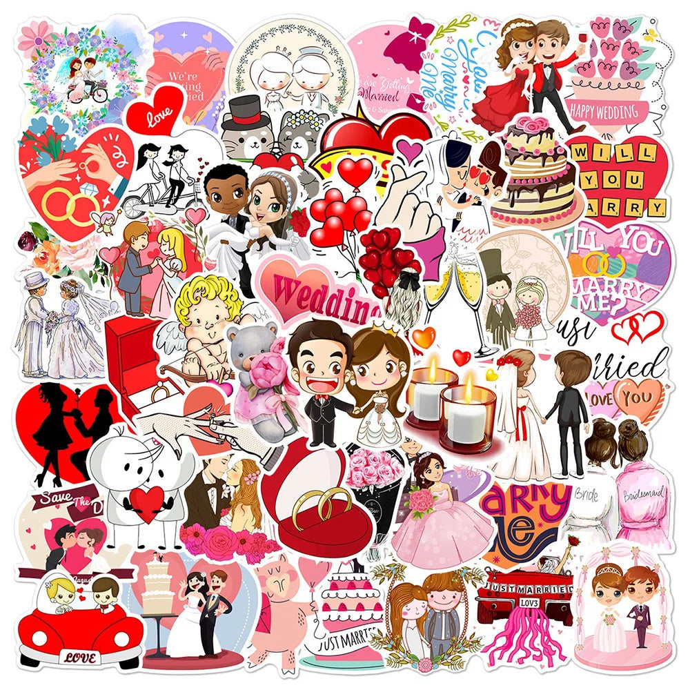 10/30/50PCS New Wedding Proposal Love Cartoon Stickers DIY Laptop Luggage Skateboard Graffiti Decals Fun for Kid Toys Gift (ONLINE ORDER ONLY)