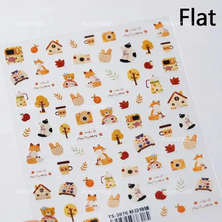 Squirrel Mushroom Apple Strawberry Cherry Pinecone Ginkgo Leaf Self Adhesive Nail Art Stickers Butterfly Flower Manicure Decals (ONLINE ORDER ONLY)