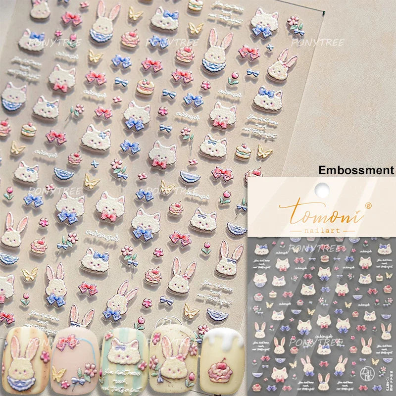 Cream Wind Cat Rabbit Kitten Bunny Bowknot Flower Butterfly Cake Cherry Tulip 5D Self Adhesive Nail Art Stickers Manicure Decals (Online Order Only)