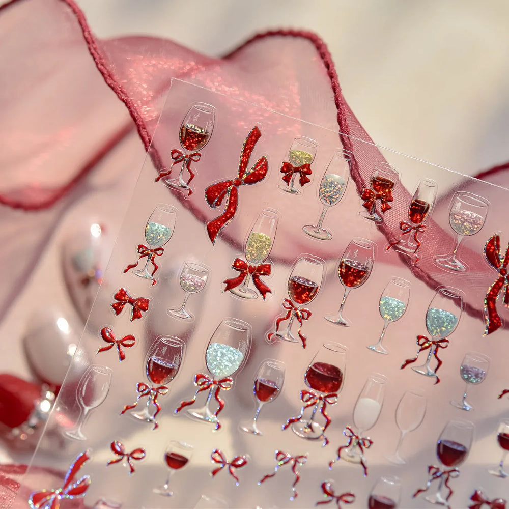 Sexy Red Grape Wine Bowknot Cocktail Goblet Cup Soda Liquid Shiny Sparkling Self Adhesive Nail Art Stickers 3D Manicure Decals (ONLINE ORDER ONLY)