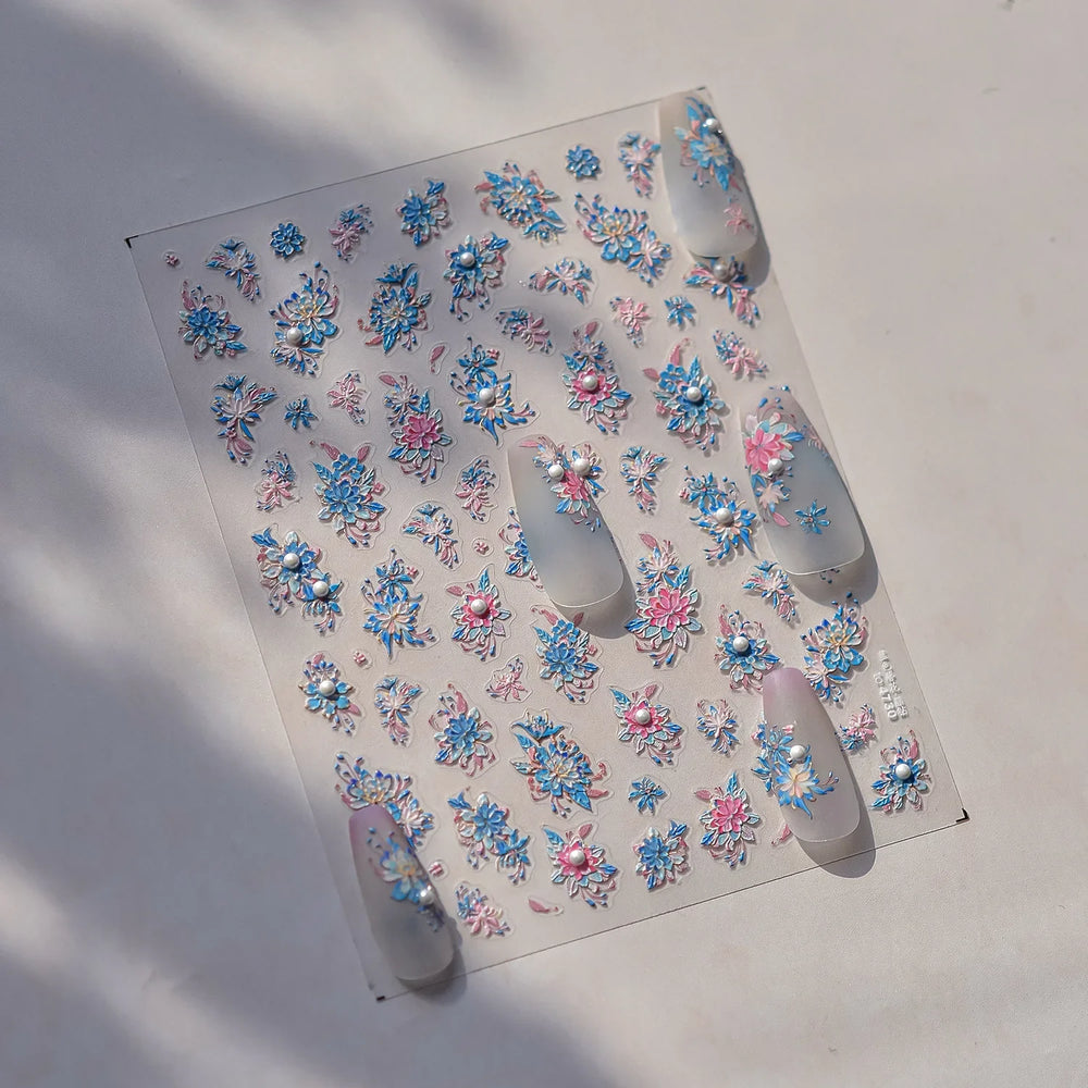 Delicate Shiny Pink Flower Blue Hairpin with Flower Decoration Self Adhesive Nail Art Stickers Pearl Rhinestone Manicure Decals (Online Order Only)