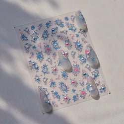 Delicate Shiny Pink Flower Blue Hairpin with Flower Decoration Self Adhesive Nail Art Stickers Pearl Rhinestone Manicure Decals (Online Order Only)
