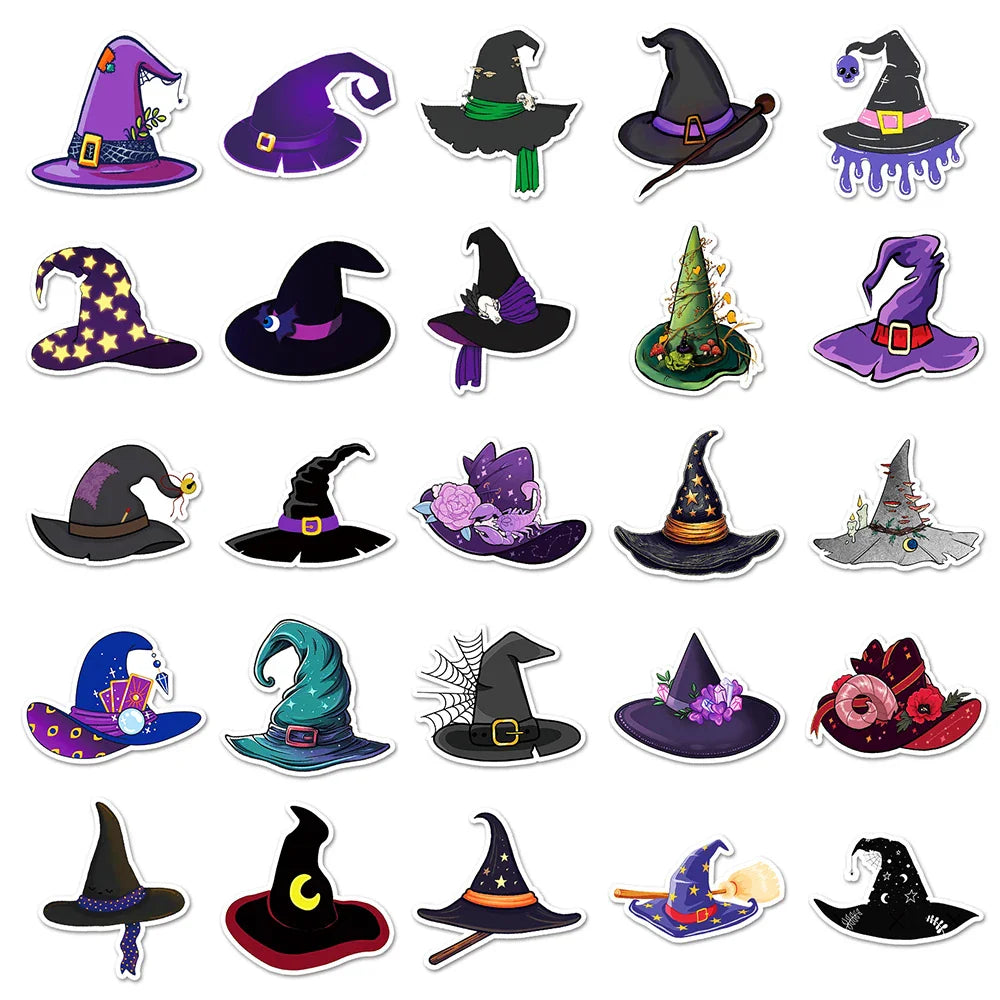 10/30/50pcs Cute Cartoon Magic Witch Hat Graffiti Stickers Laptop Skateboard Phone Waterproof Graffiti Decals Fun for Kid Gift (ONLINE ORDER ONLY)