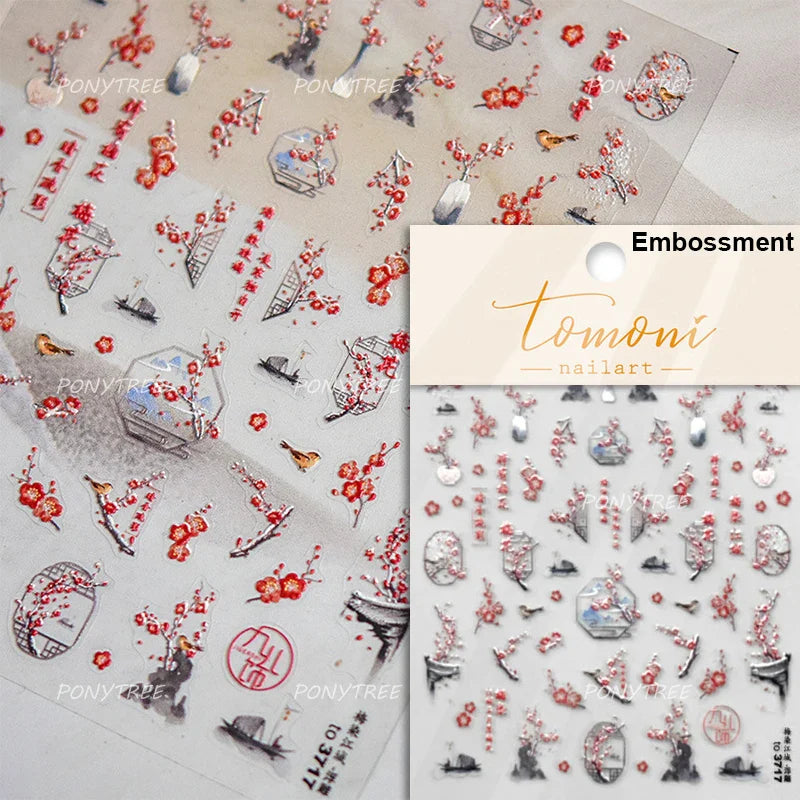 Orchid Daisy Chrysanthemum Peach Blossom Lotus Flower Vase Floral Art Fan Wintersweet Adhesive Nail Art Stickers Manicure Decals (Online Order Only)