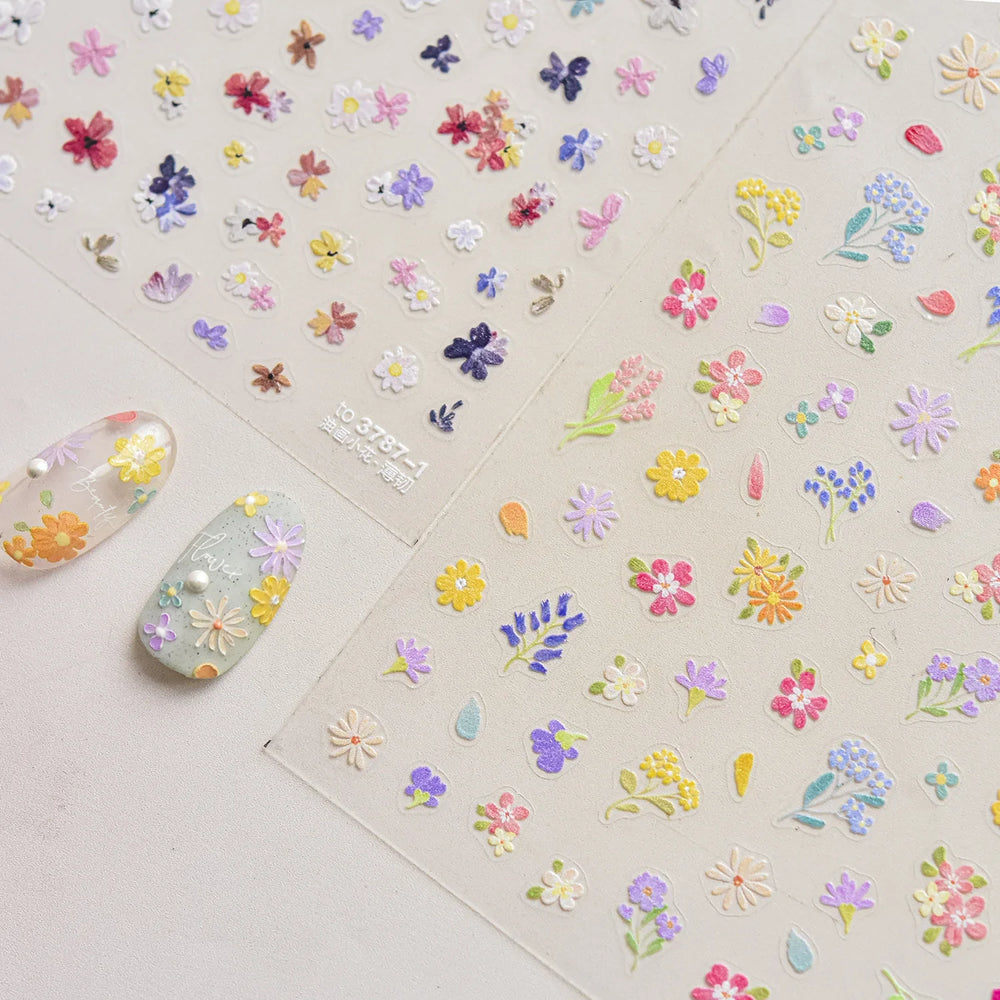 Chic Wild Flower Oil Painting Small Variegated Daisy Peach Blossom Lavender Petal Adhesive Nail Art Stickers Manicure Decals (Online Order Only)