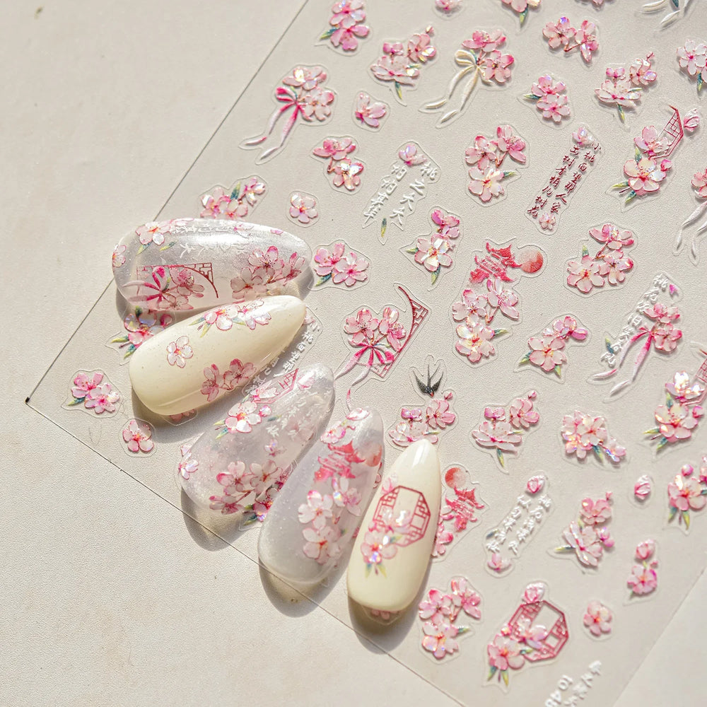 Pink Peach Blossom Flower White Pear Romantic Archaistic Swallow Window Adhesive Nail Art Stickers Rhinestone Manicure Decals (ONLINE ORDER ONLY)