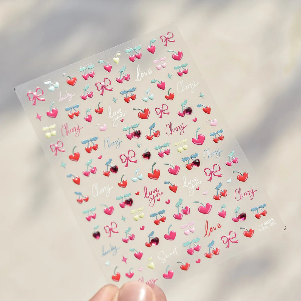 Lovely Pink Red Cherry Fruit Love Heart Star Lucky Letter Bowknot Romantic Adhesive Nail Art Stickers Rhinestone Manicure Decals (Online Order Only)