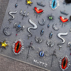 Glitter Star Snake Moon Darkness Eye Love Heart Crown Sword Self Adhesive Nail Art Stickers Punk Jelly Angel Wing Manicure Decal (ONLINE ORDER ONLY)