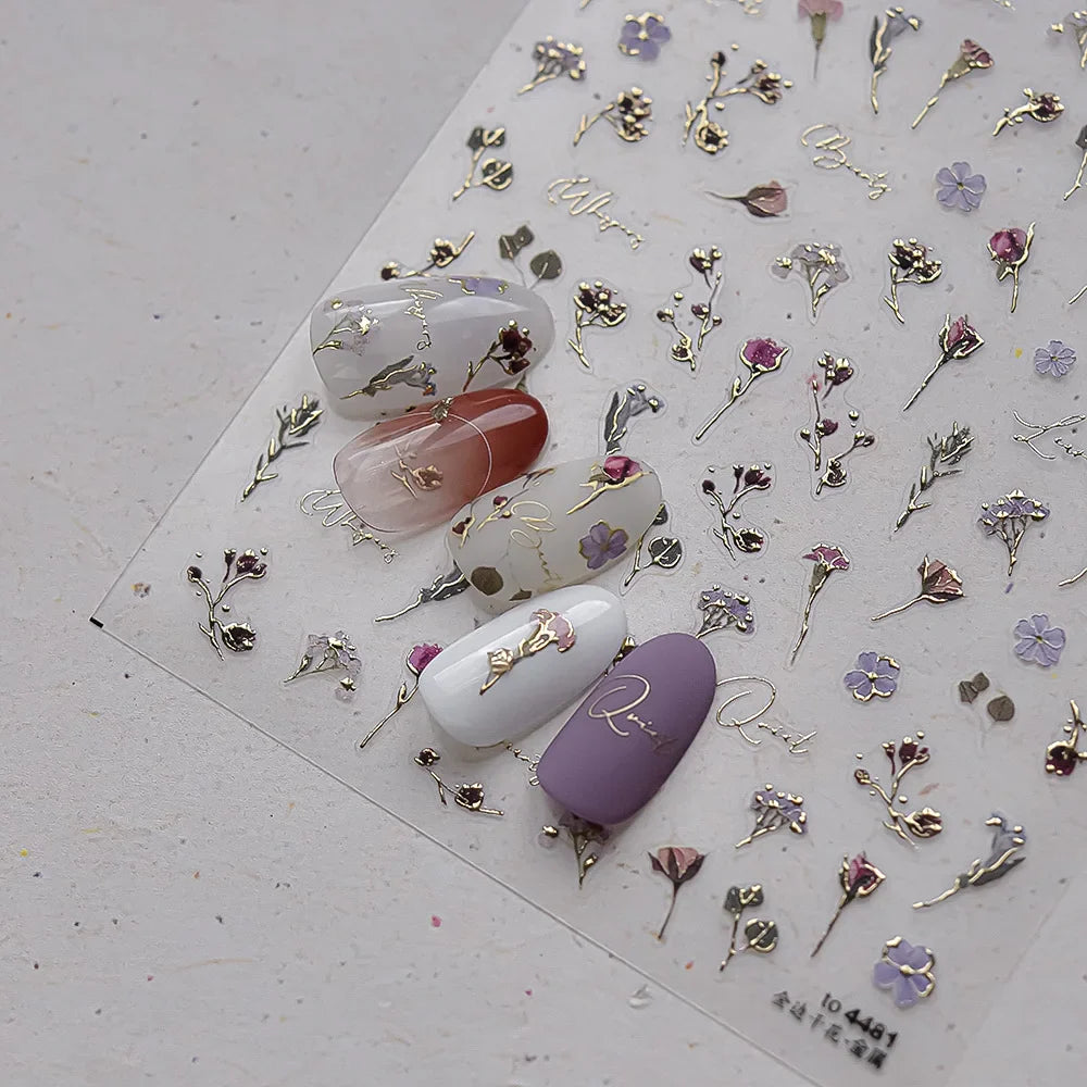 Dried Flowers Rose Butterfly Love Heart Golden Stroke Flying Crane Silver Adhesive Nail Art Stickers Rhinestone Manicure Decals (ONLINE ORDER ONLY)