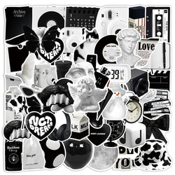 10/30/50PCS Ins Style Simple Black White Stickers Cute Decals DIY Phone Suitcase Luggage Fridge Helmet Graffiti Cartoon Sticker (ONLINE ORDER ONLY)