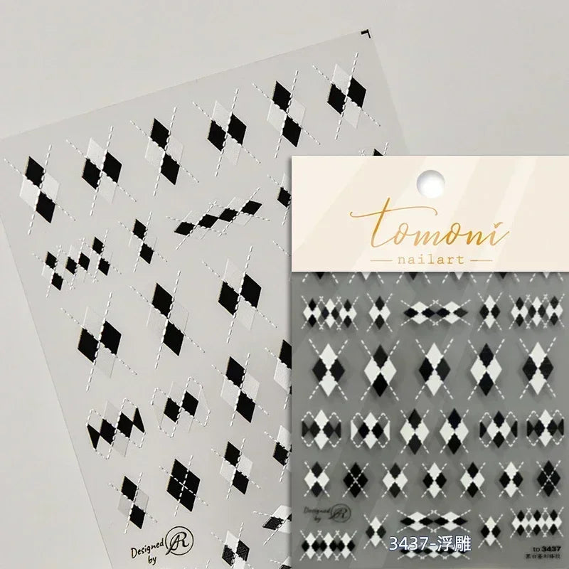 Geometric French Style Colorful Square Grid Rhombus Line Stripe Bowknot 3D Self Adhesive Nail Art Stickers Shiny Manicure Decals (ONLINE ORDER ONLY)