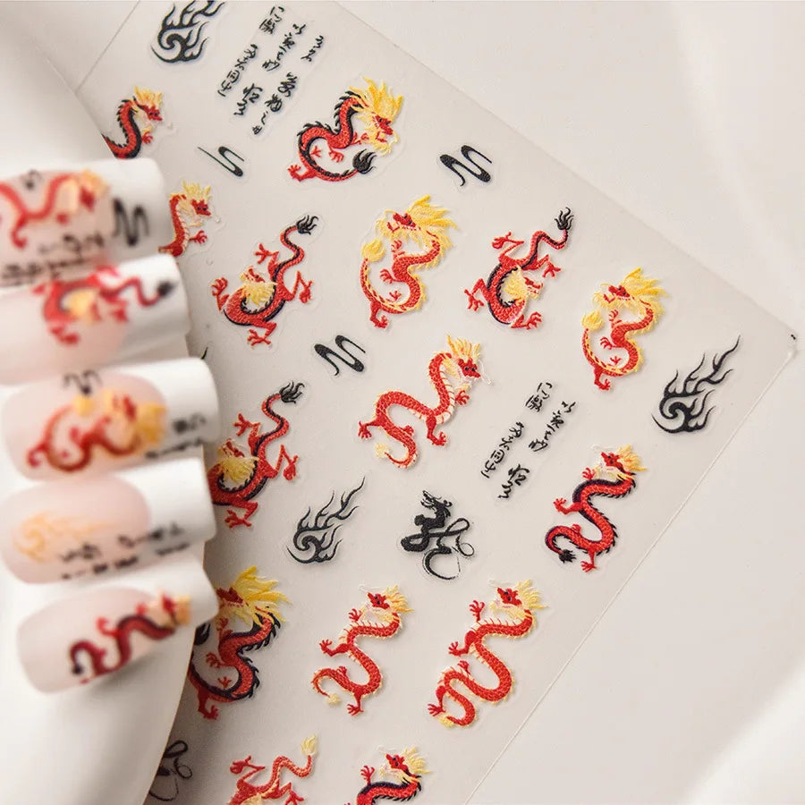 Retro Embroidered Dragon Red Pink Blue White Porcelain Chinese 3D Embossed Relief Self Adhesive Nail Art Stickers Manicure Decal (ONLINE ORDER ONLY)