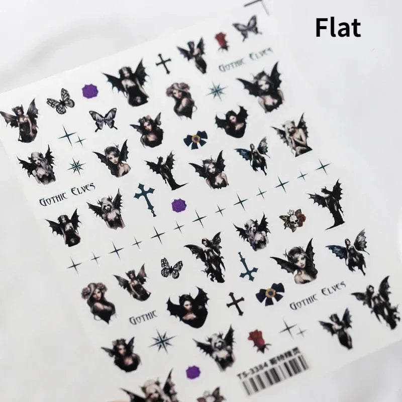 Gothic Dark Spider Butterfly Cross Flame Wings Halloween Horror Rose Flower Rabbit Pumpkin Bear Nail Art Stickers Manicure Decal (ONLINE ORDER ONLY)