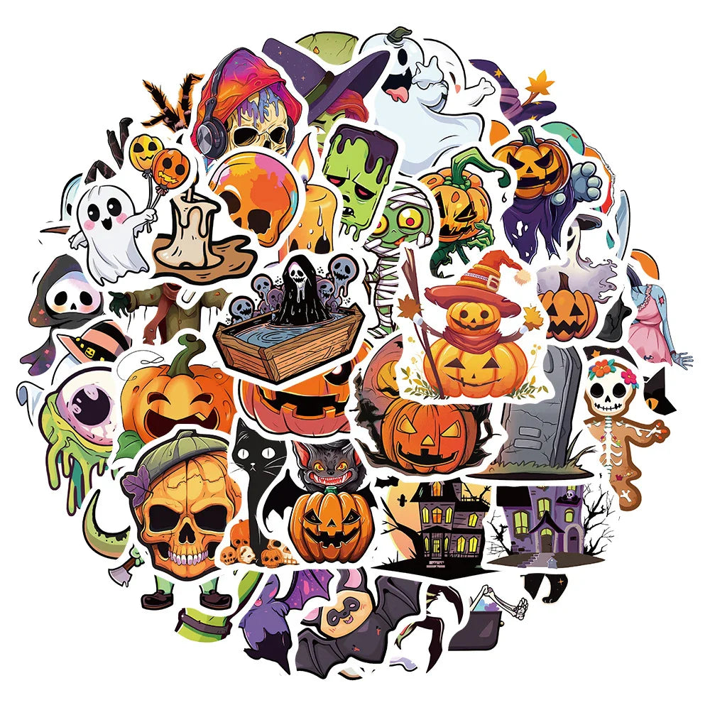 10/30/50pcs Cute Hallowmas Horror Skull Cartoon Stickers Decals Kids Toy Laptop Suitcase Phone Car Skateboard Waterproof Sticker (Online Order Only)