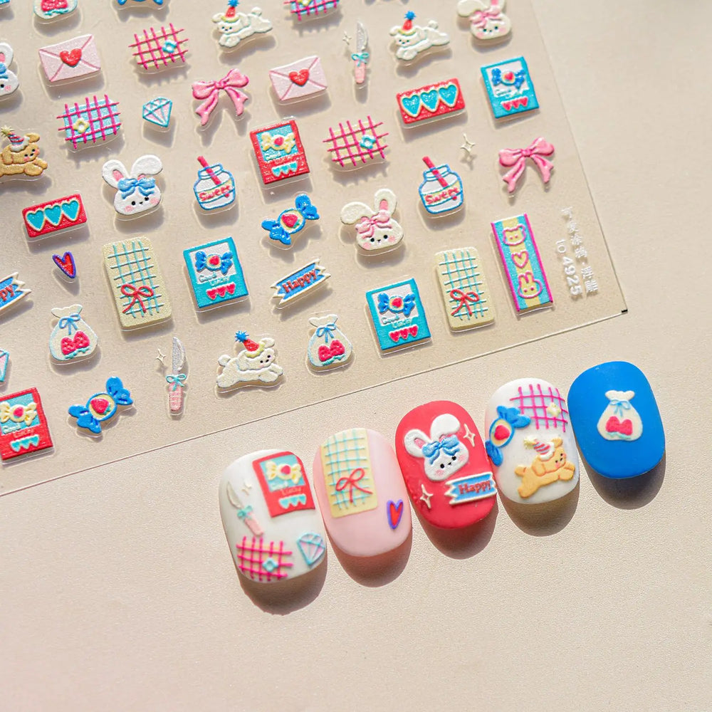 Graffiti Rabbit Dog Bunny Milk Strawberry Jewel Candy Knife Envelope Soft Relief Adhesive Nail Art Stickers Cute Manicure Decals (Online Order Only)