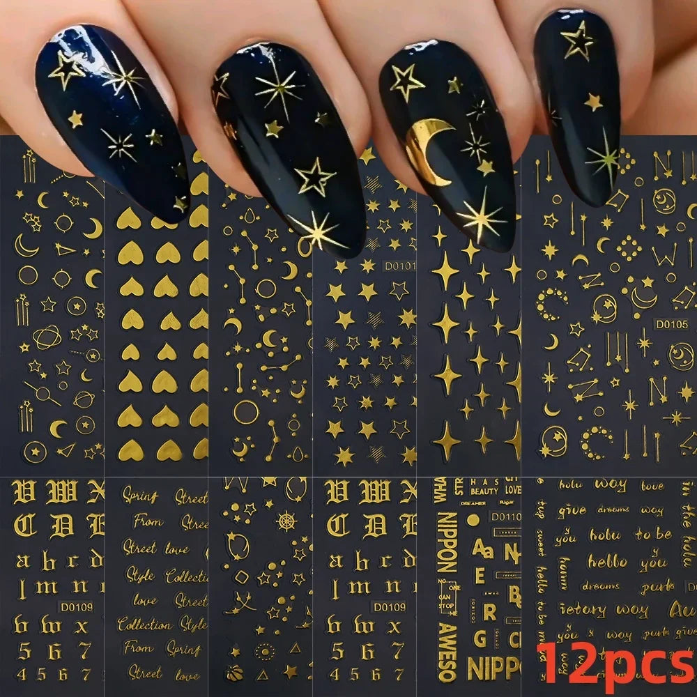 12pcs 3D Golden Glitter Heart Love Nail Stickers Valentine Self Adhesive Cute Cartoon Decal Geometry Slider Manicure Decoration* (ONLINE ORDER ONLY)
