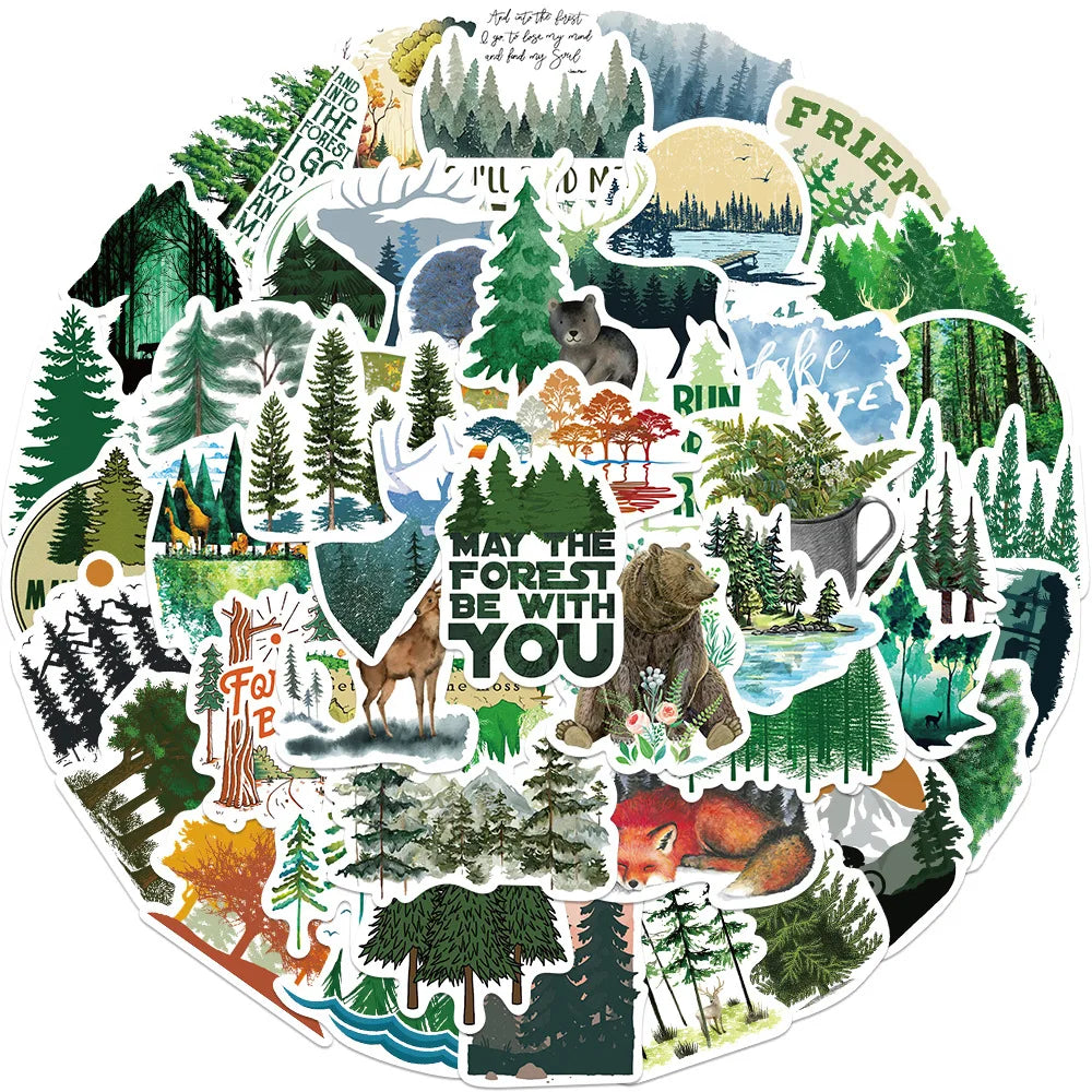 50Pcs Natural Green Forest Animal Stickers Graffiti Skateboard Suitcase Fridge Motorcycle Bike Cartoon Decals DIY Kids Toy (Online Order Only)