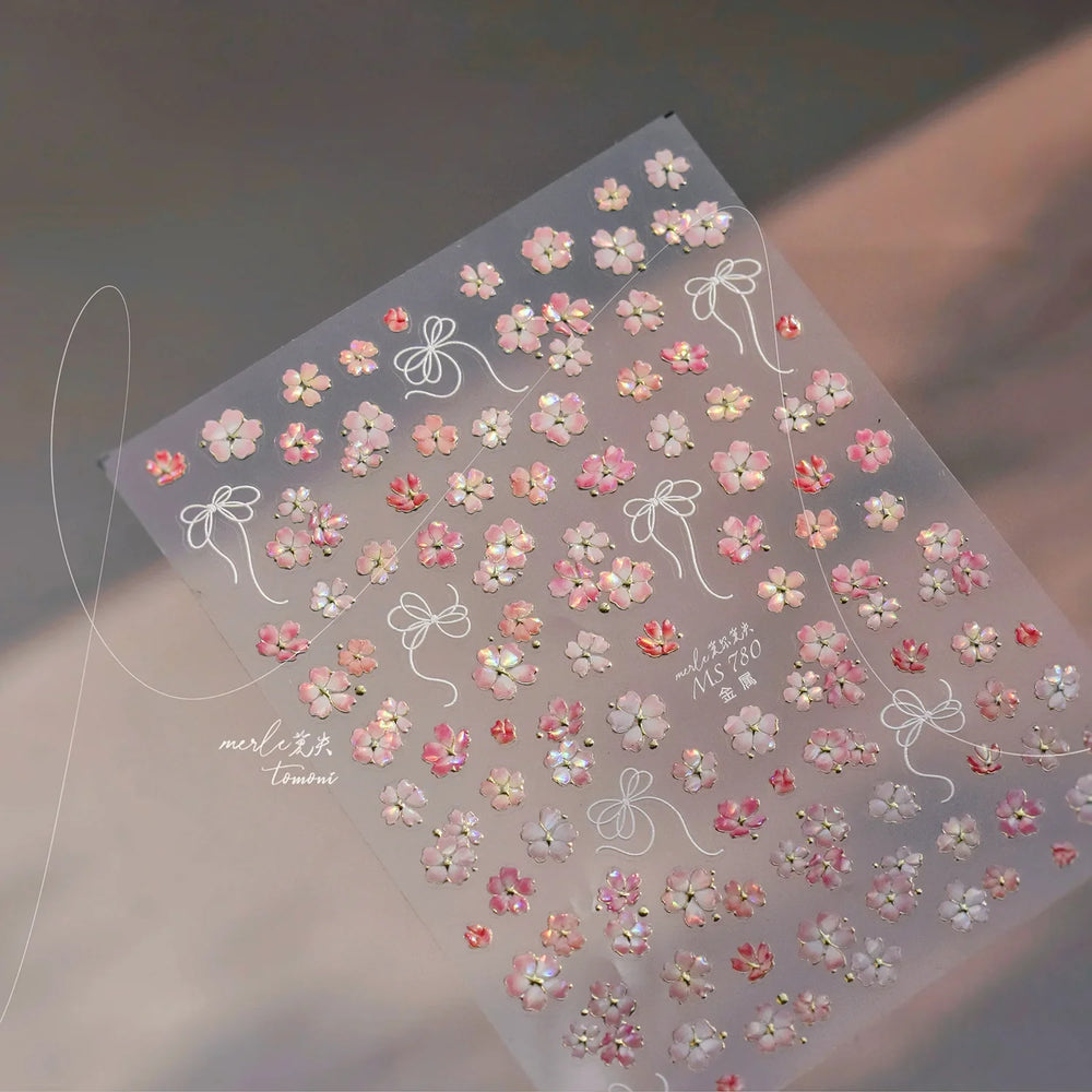 Peach Blossom Gradual Pink Petal Flower Line Bowknot Hot Stamping Halo Dyeing Delicate Adhesive Nail Art Sticker Manicure Decals (ONLINE ORDER ONLY)