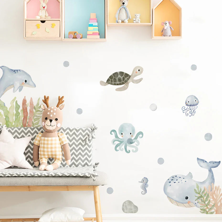 Cute Marine Life Wall Decals: Dolphin, Whale, Seaweed Nursery Stickers for Kids Room Decor (ONLINE ORDER ONLY)