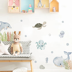 Cute Marine Life Wall Decals: Dolphin, Whale, Seaweed Nursery Stickers for Kids Room Decor (ONLINE ORDER ONLY)