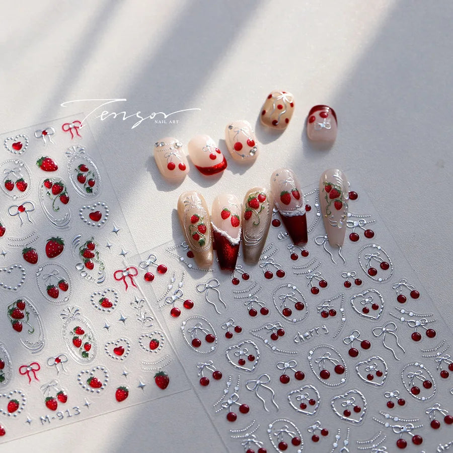 Mini Fruit Cherry Charming Strawberry Ribbon Line Bowknot Jelly Charming Chic Self Adhesive Nail Art Stickers Manicure Decals (ONLINE ORDER ONLY)