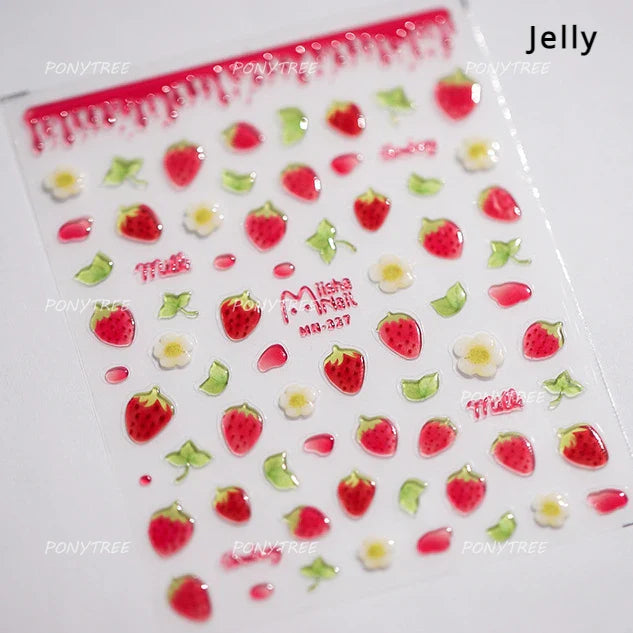 Pink Juicy Strawberry Fruit Cutting Line Ribbon Bowknot Star Happy Sweet Lovely Fruits Delicate Nail Art Stickers Manicure Decal (ONLINE ORDER ONLY)