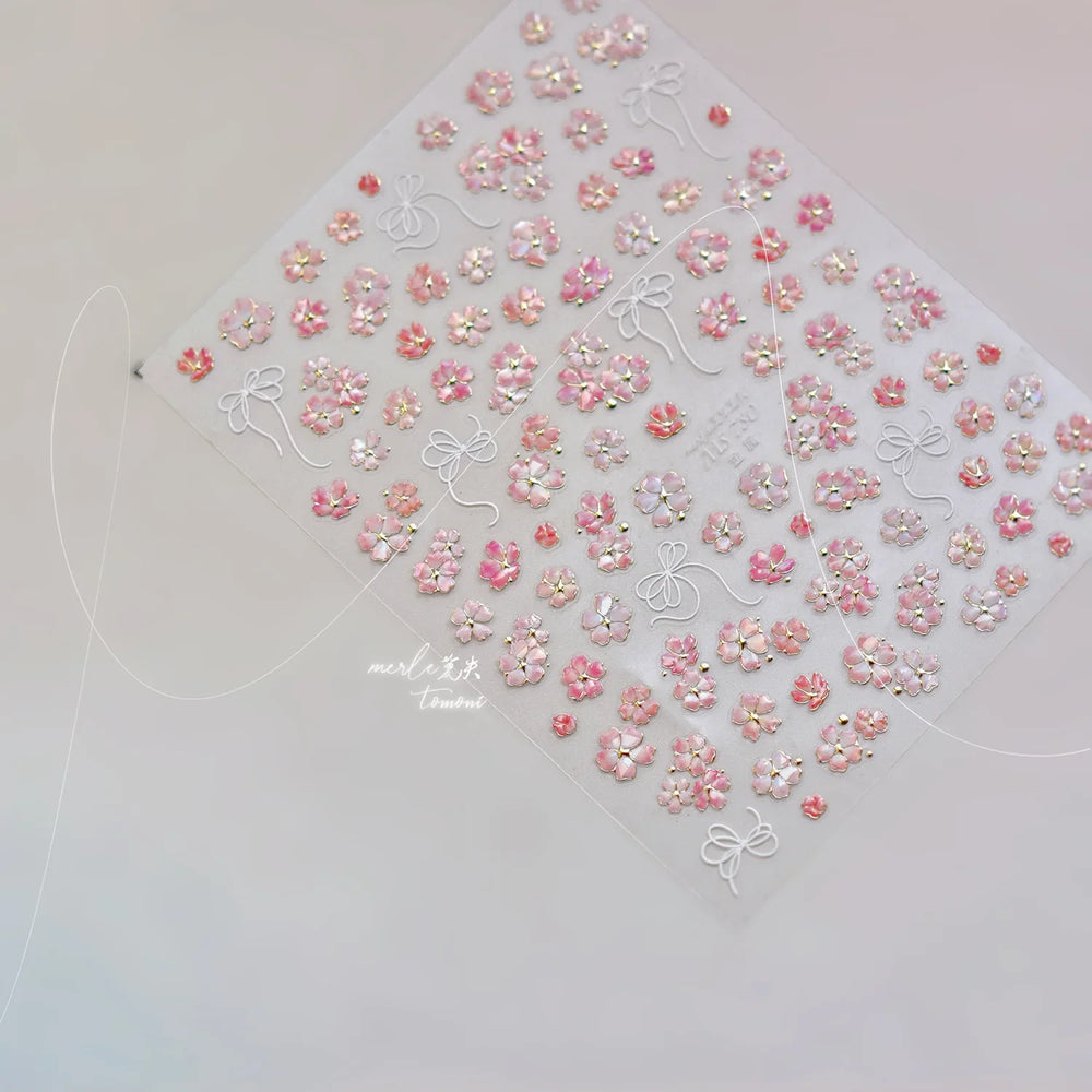 Peach Blossom Gradual Pink Petal Flower Line Bowknot Hot Stamping Halo Dyeing Delicate Adhesive Nail Art Sticker Manicure Decals (ONLINE ORDER ONLY)
