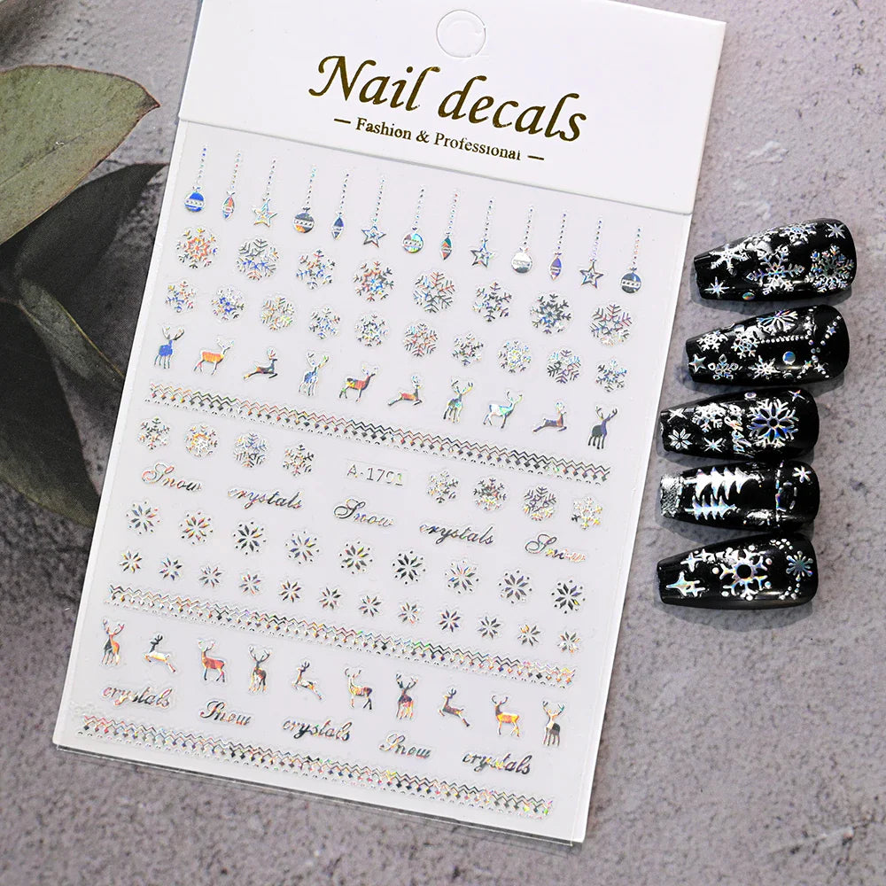 3D Gold Glitter Snowflake Nail Sticker Winter Reflective Elk Star Balloon Christmas Tree Foil Xmas New Year Decal Tips Decoratio (ONLINE ORDER ONLY)