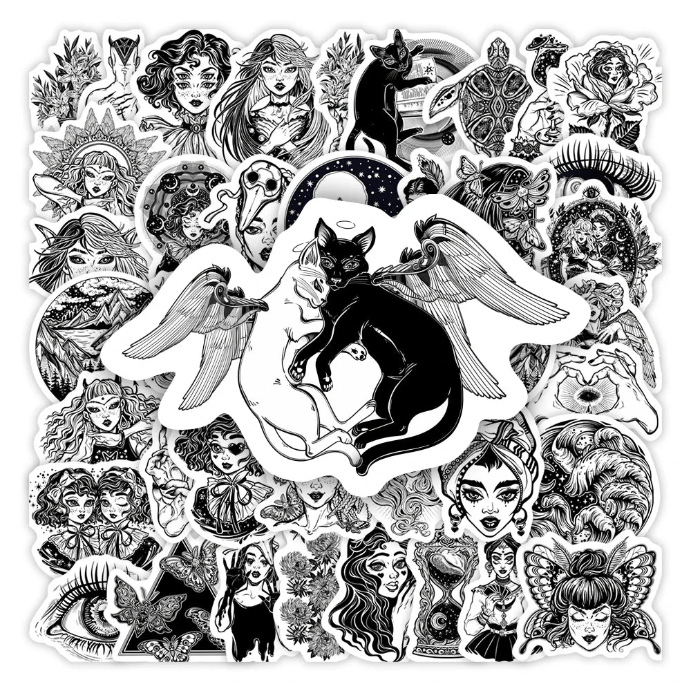 Cool Cartoon Gothic Witch Girl Stickers Black Aesthetic Art Decal for Laptop Phone Scrapbook Luggage Decorative (ONLINE ORDER ONLY)