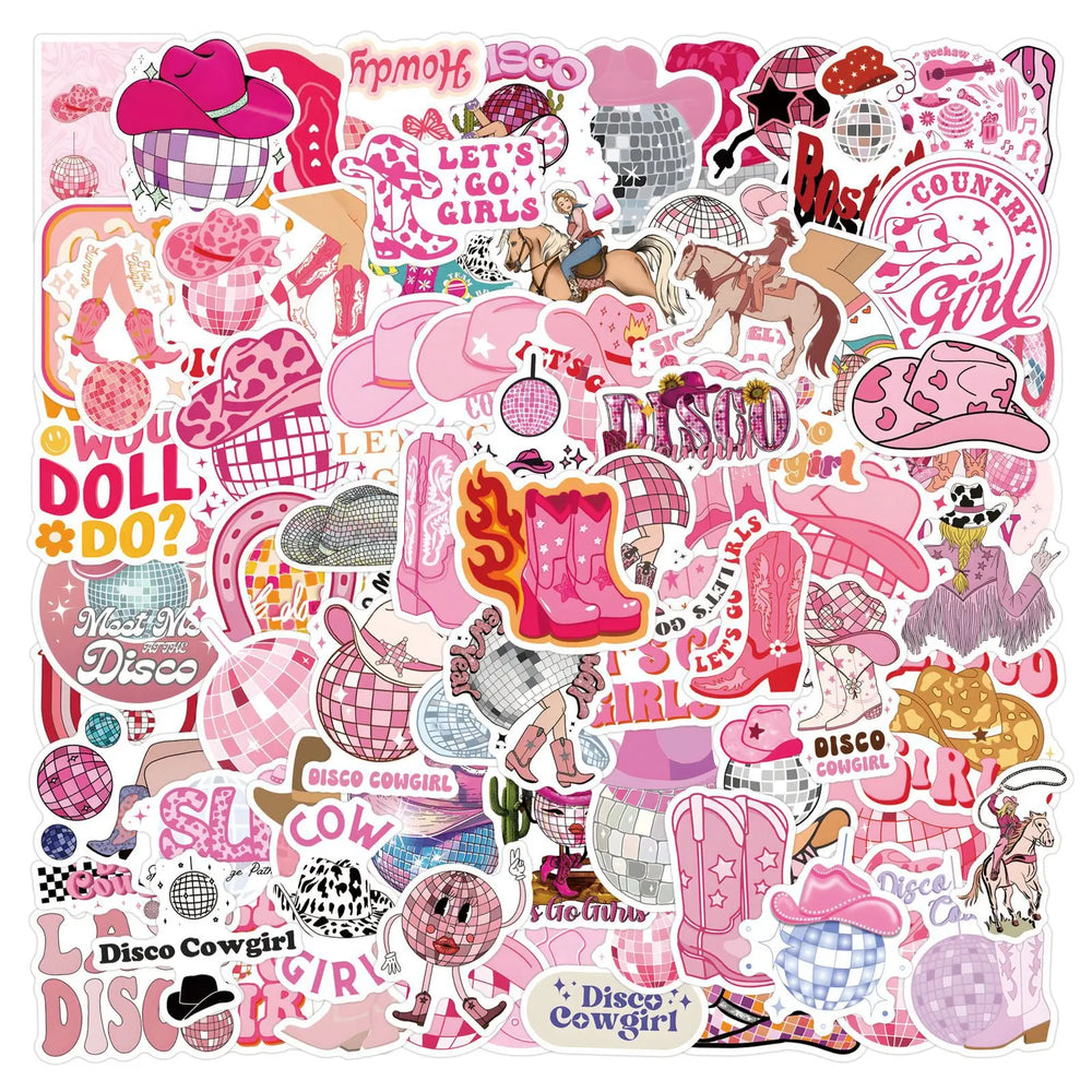 Pink Disco Cowgirl Stickers Pack for Luggage, Laptop, Phone, Guitar, Cup, Bike, Car, Skateboard (Online Order Only)