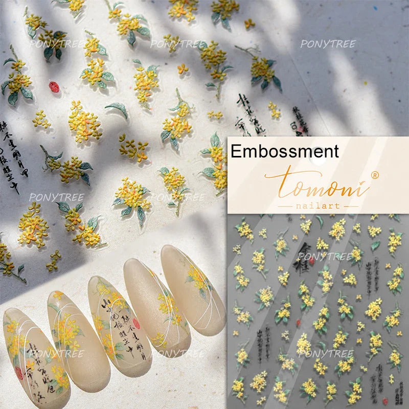 Pink Peach Blossom Flower White Pear Romantic Archaistic Swallow Window Adhesive Nail Art Stickers Rhinestone Manicure Decals (ONLINE ORDER ONLY)