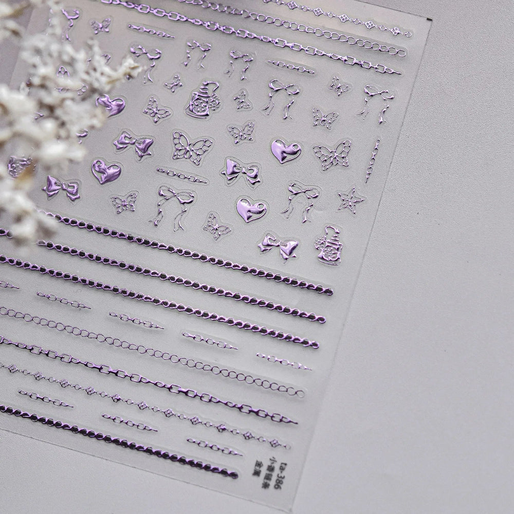 Hot Stamping Purple Line Love Heart Lace Bowknot Chain Branches Star Flower Leaf Butterfly Plant Flower Nail Art Stickers Decals (Online Order Only)