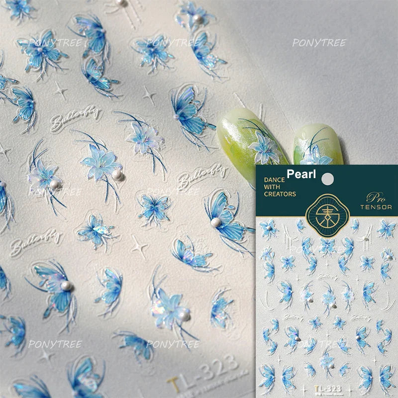 Chic Butterfly Flower Lily Lilium Narcissus Line Beautiful Blue Pearl Self Adhesive Nail Art Stickers Decorations Manicure Decal (Online Order Only)